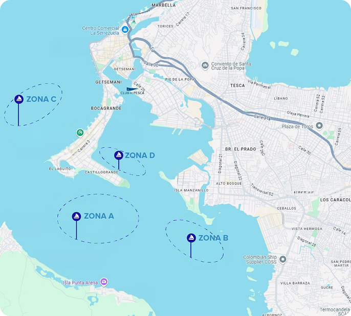 Mapa de las zonas de navegación del Club de Pesca, Vela y Marina en Cartagena para la Cartagena Sailing Week